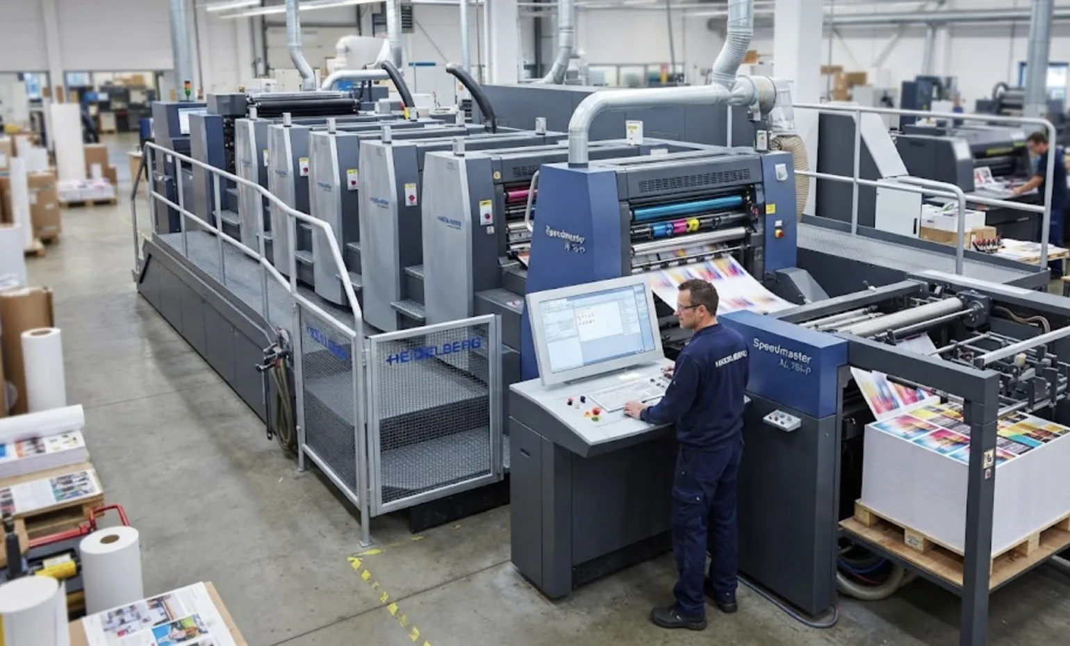 Conducteur au pupitre d'une presse offset Heidelberg Speedmaster dans l'atelier Printivo